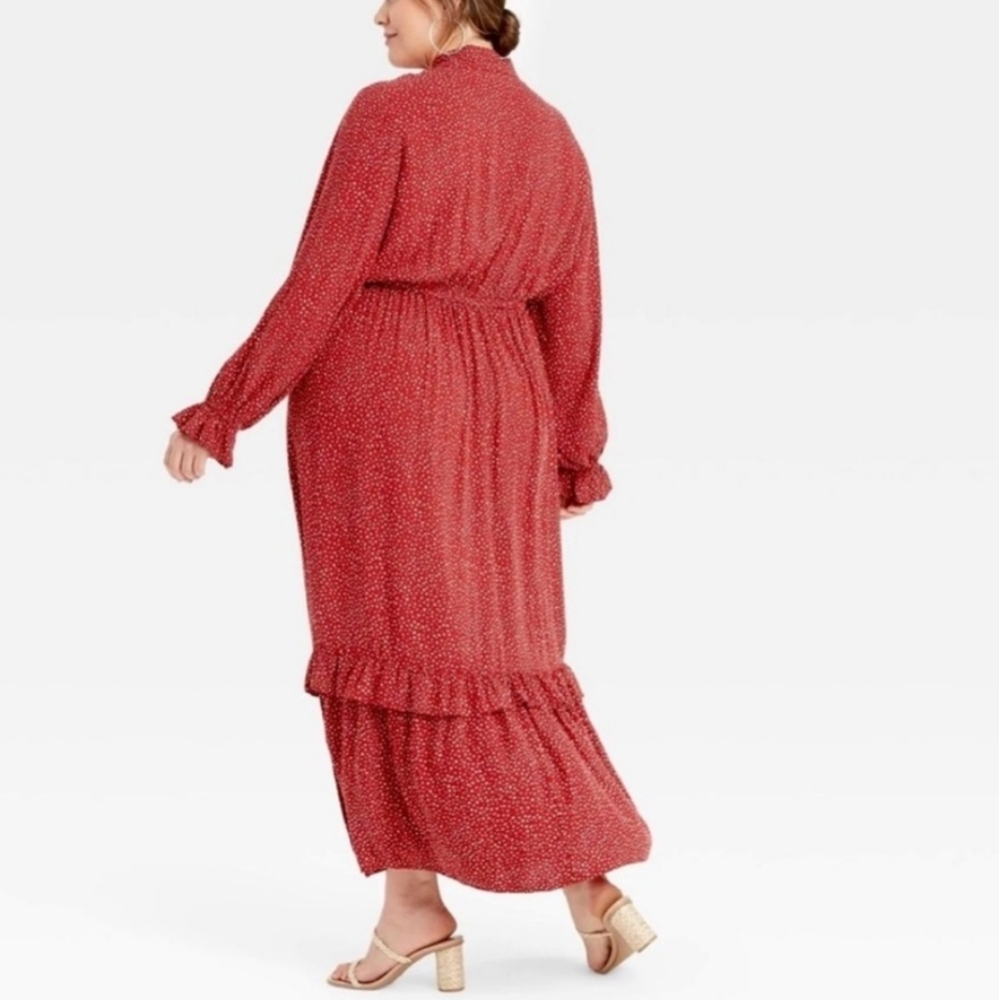 Ava&Viv Ruffled Tiered Tie-neck Long Sleeve Red Maxi Dress Peasant, Grannycore - Picture 2 of 11